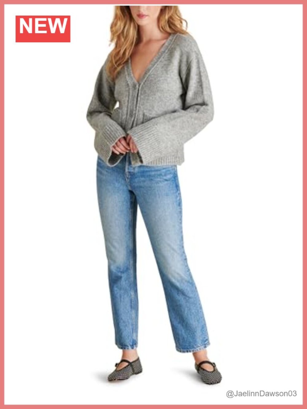 Steve Madden Odelia Cardigan Ribbed Trim Long Sleeve V-Neck Button Loose Fit